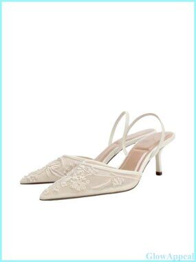 Mesh Floral Embroidered Slingback Heels Pearl Pointed Toe Kitten Heel Pumps